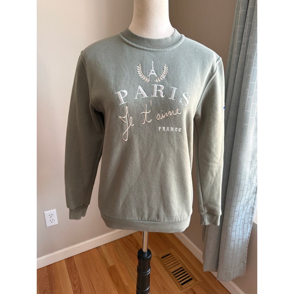 Paris Je‎ t’aime Embroidered Sage Green Cozy Sweatshirt Size Small